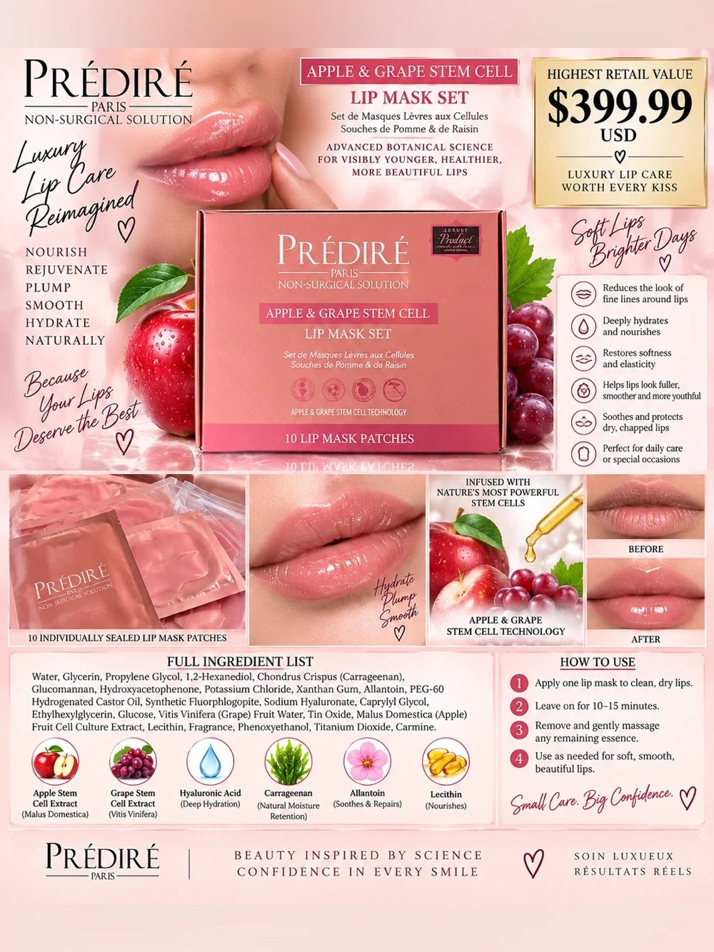 Predire Apple & Grape Stem Cell Lip Mask (10) Set - Hydrating Lip Patches